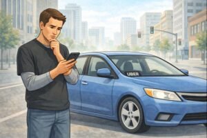 New Uber driver looking thoughtful beside a car while checking a mobile app in a city environment