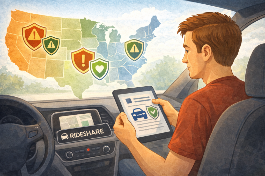 Rideshare司机审查保险文件,背景是美国地图