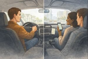 Split scene showing personal driving on one side and rideshare driving on the other