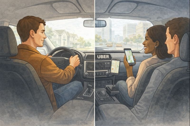 Split scene showing personal driving on one side and rideshare driving on the other