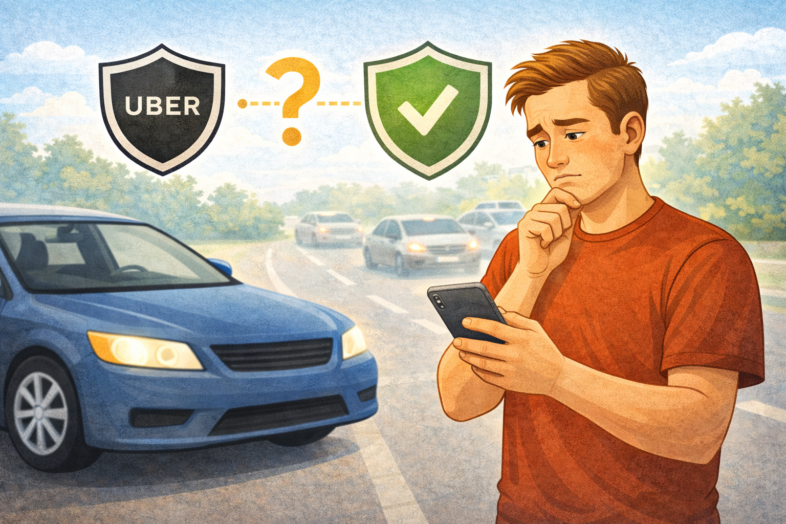 Uber driver questioning insurance coverage while checking a phone next to a car
