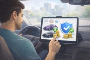 Rideshare driver comparing expenses and insurance costs on a digital dashboard