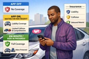 Lyft driver standing near a car while reviewing coverage information on a phone