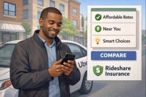 This illustration depicts a local Uber driver in a neighborhood or city street setting, appearing relieved or satisfied while reviewing insurance options on a mobile device. The visual emphasizes affordability, local availability, and smart decision-making for cost-conscious rideshare drivers.