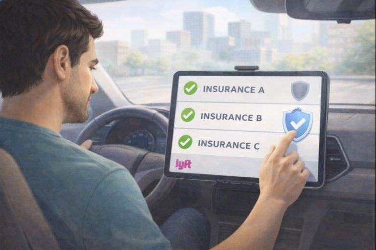 Uber driver questioning insurance coverage while checking a phone next to a car